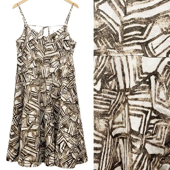 NWT Banana Republic 100% Linen Tribal Print Sundress Women’s Size 14 Brown Ivory - Picture 1 of 13
